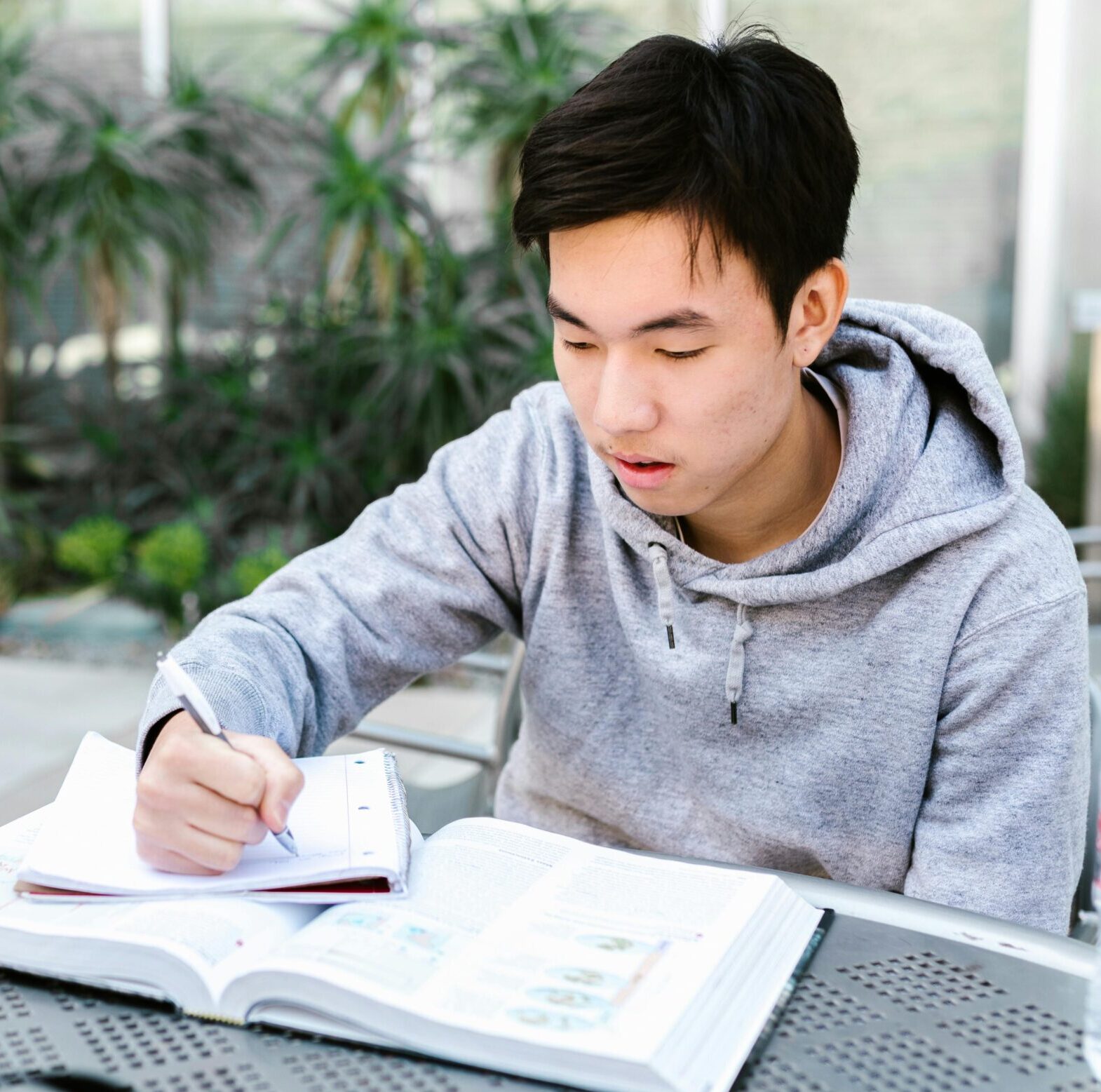 Asian student in gray hoodie writing in notebook outdoors, studying for university courses.